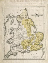 Kart over Sør-Storbritannia, farget for å vise geologiske områder av interesse, kommentert av William Smith (1769-1839)